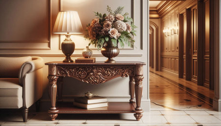 Luxury interior of a classic living room with fireplace, armchair, books, table, lamp and flowers in vaseの写真素材