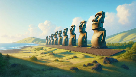 Moais on the island of Easter Island. 3d renderの写真素材