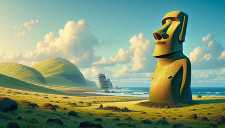 Fantasy landscape with a statue on the coast. 3D renderの写真素材