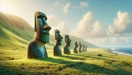 Easter Island, Chile. Statues of the Moais. 3d render