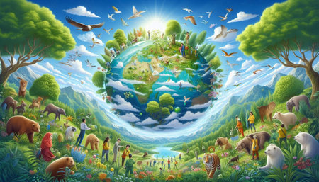 Fantasy landscape with people and animals on the planet earth - illustration for children