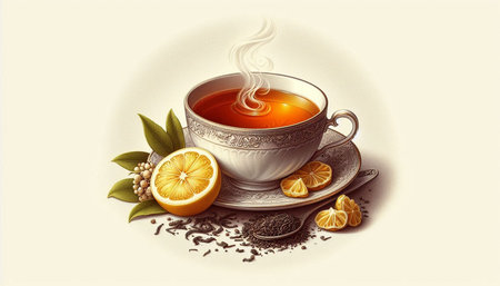 Tea cup with tea leaves and lemon on a light background. Vector illustration.の写真素材