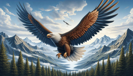 Bald Eagle flying in the mountains. 3d render illustration.