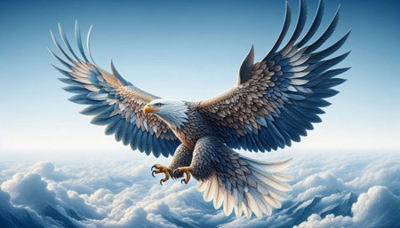 Eagle flies over the clouds. 3D illustration. Elements of this image furnished by NASA