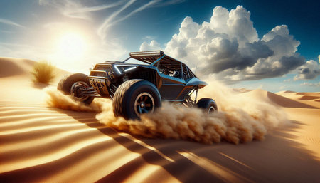 3D rendering of an off road vehicle in the desert at sunsetの写真素材