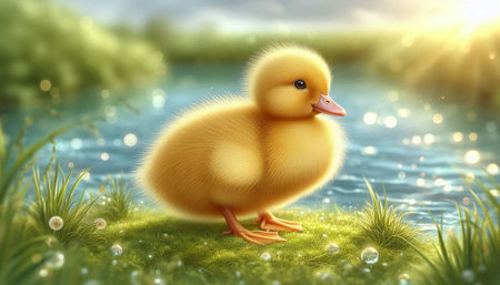 Cute yellow duckling on a green meadow. 3d illustrationの写真素材