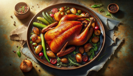 Roasted chicken with vegetables and spices on rustic background, top viewの写真素材