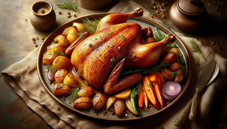 Roasted turkey with potatoes and vegetables. Thanksgiving dinner. Rustic style.の写真素材