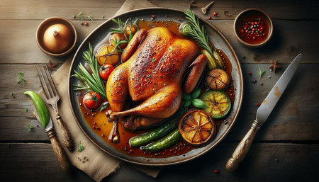 Baked chicken with vegetables on a wooden background. Top view.