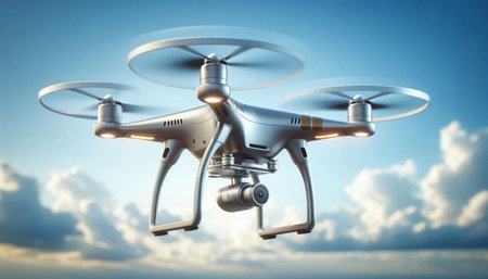 Drone with camera flying in the blue sky. 3d rendering