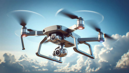 Drone with digital camera flying in the sky. 3d renderingの写真素材