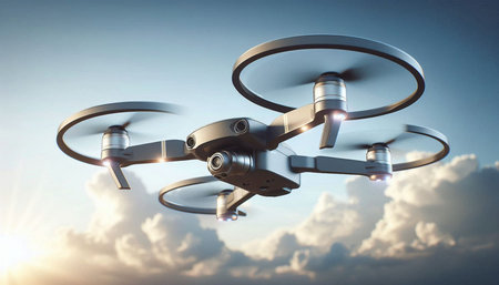 Drone flying in the blue sky. 3d rendering image.