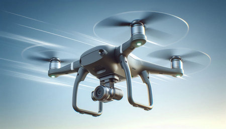 Drone with digital camera flying in the sky. 3d rendering