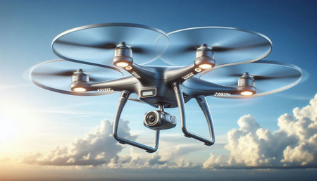 Drone flying in the blue sky. 3d rendering image.