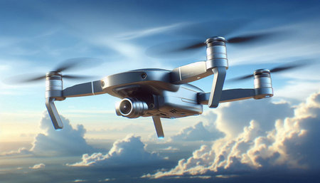 Drone flying in the blue sky. 3D rendered illustration.の写真素材