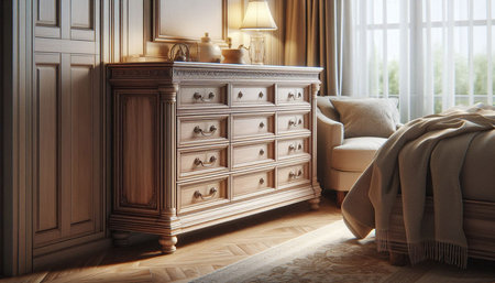 Interior of modern bedroom with chest of drawers. 3d renderの写真素材