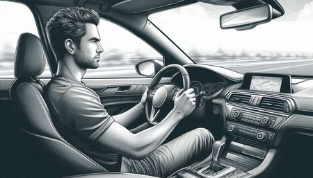Handsome young man driving a car. 3D Rendering