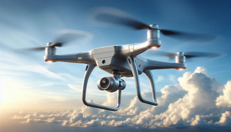 Drone with digital camera flying in the sky. 3d rendering
