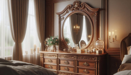 Classic bedroom interior with mirror. 3d render. Vintage style.の写真素材