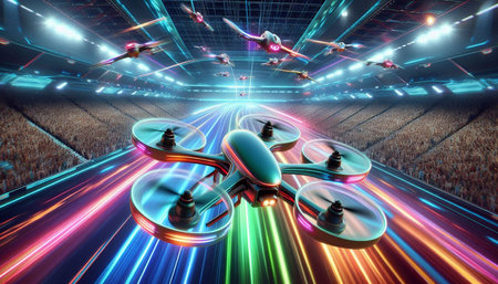 Drone quadcopter with digital camera flying in futuristic space. 3d rendering