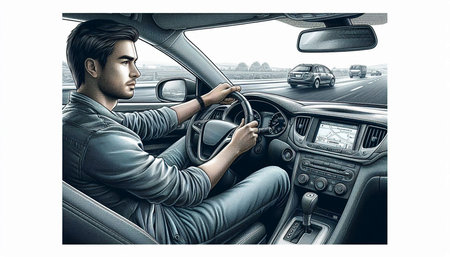 Handsome young man driving a car. Collage. 3D Rendering