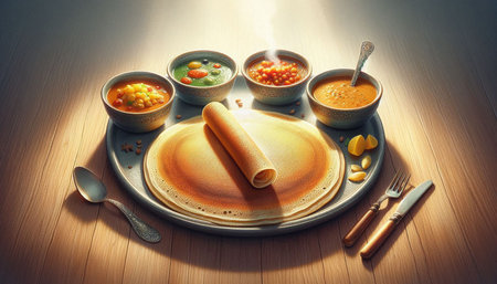 Pancakes with sweet and sour sauce on a wooden table.