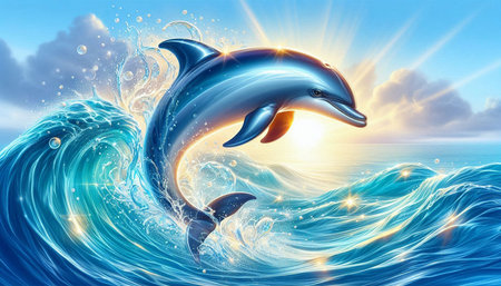 Dolphin jumping out of the ocean. 3D illustration. Clip art.