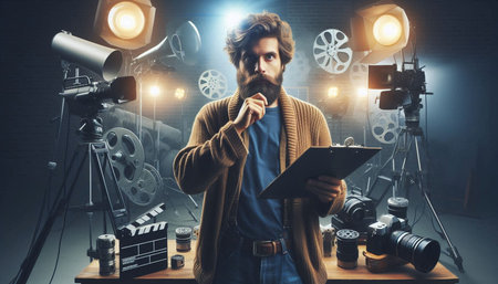 A handsome young man in casual clothes is standing in front of a camera and holding a clipboard in...
