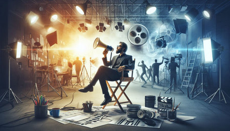 Conceptual image of young businessman screaming in megaphone. Mixed media