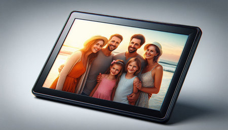 Portrait of a happy family on a tablet pc against white background