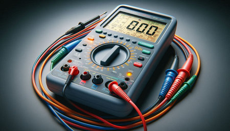 Digital multimeter with multicolor wires on a black background.