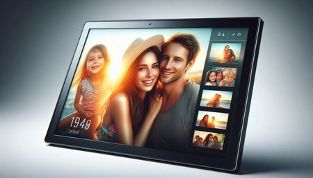 Portrait of happy couple on tablet screen against grey background with vignette