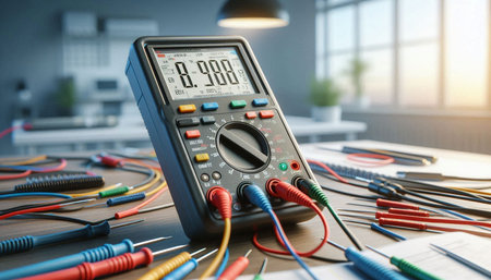 Digital multimeter on table in office. 3d rendering toned image