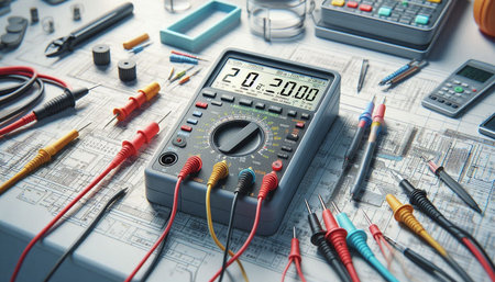 Electronic multimeter on the background of electrical equipment, close-up