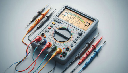 Electronic multimeter with multimeter probes on a white background.