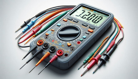 Digital multimeter with multicolored wires on a white background.