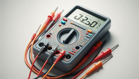 Digital multimeter with multimeter probes for measuring voltage and current.