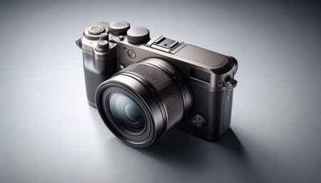 Digital camera on a grey background. 3d rendering, 3d illustration.