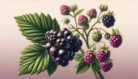 Bouquet of blackberries on a pink background. 3d illustration