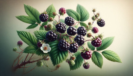 Bouquet of blackberries with leaves and flowers on a light background
