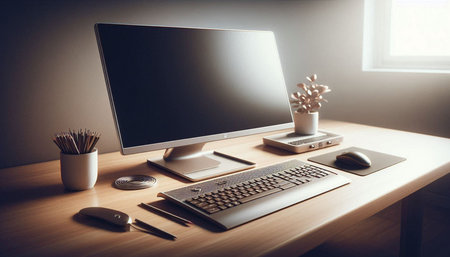 Computer on desk in office. Workplace with computer and stationery