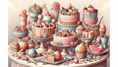 Colorful birthday cakes and cupcakes on the table. 3d illustration