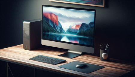 Modern desktop with computer, mouse, keyboard and other items. 3D Rendering