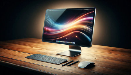 Modern computer monitor with abstract colorful glowing lines on wooden table. 3D Rendering