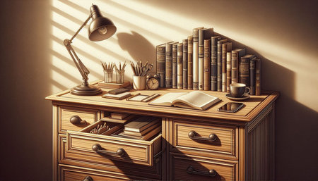 wooden desk with books, lamp and pencils, 3d renderの写真素材