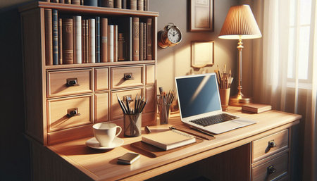 Wooden desk with laptop, stationery and coffee cup. 3D Renderingの写真素材