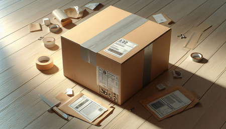 Cardboard box on a wooden floor. 3d render illustration.