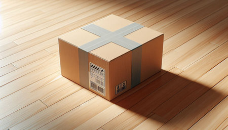 Cardboard box with cross on wooden floor. 3D illustration.