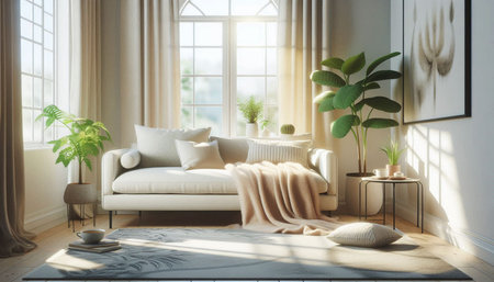 Living room interior with white sofa, pillows, coffee table and plants. 3d render