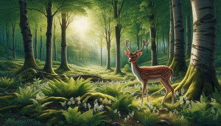 Deer in the forest - 3D render. Fantasy forest backgroundの写真素材